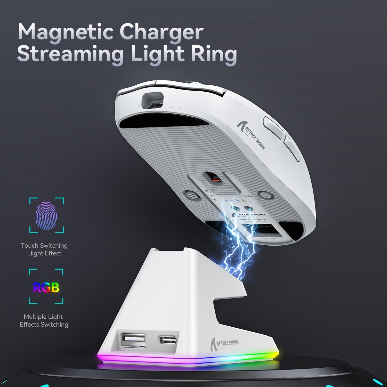 X6 gaming mouse with magnetic charging dock and RGB lighting effects