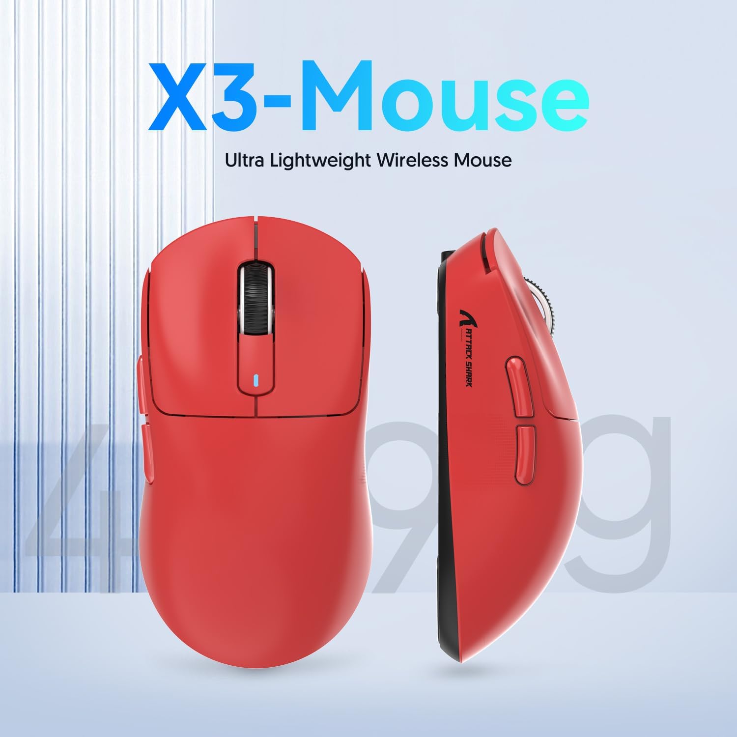 X3 ultra-lightweight wireless mouse in red with ergonomic design, 49g weight.