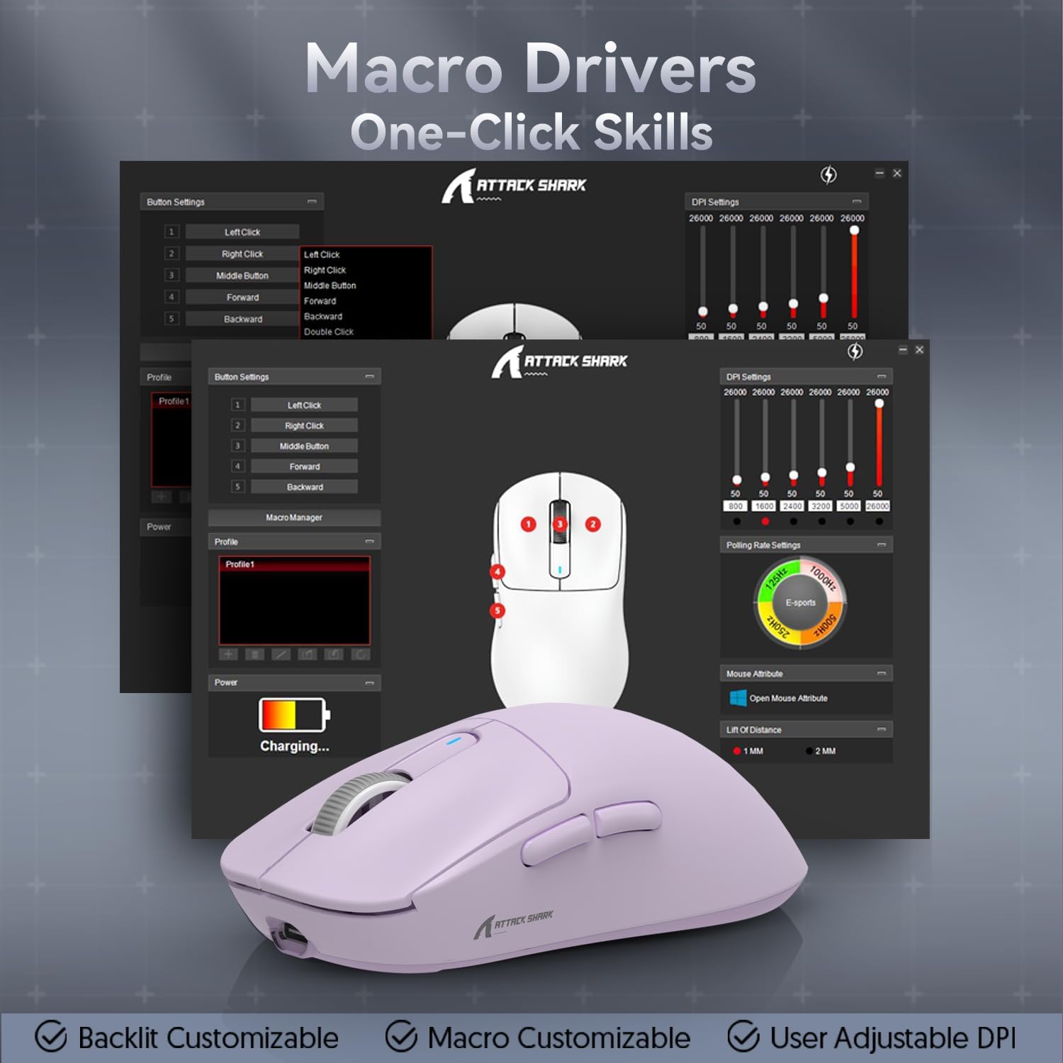 X3 gaming mouse macro software interface with customizable backlit and DPI settings.