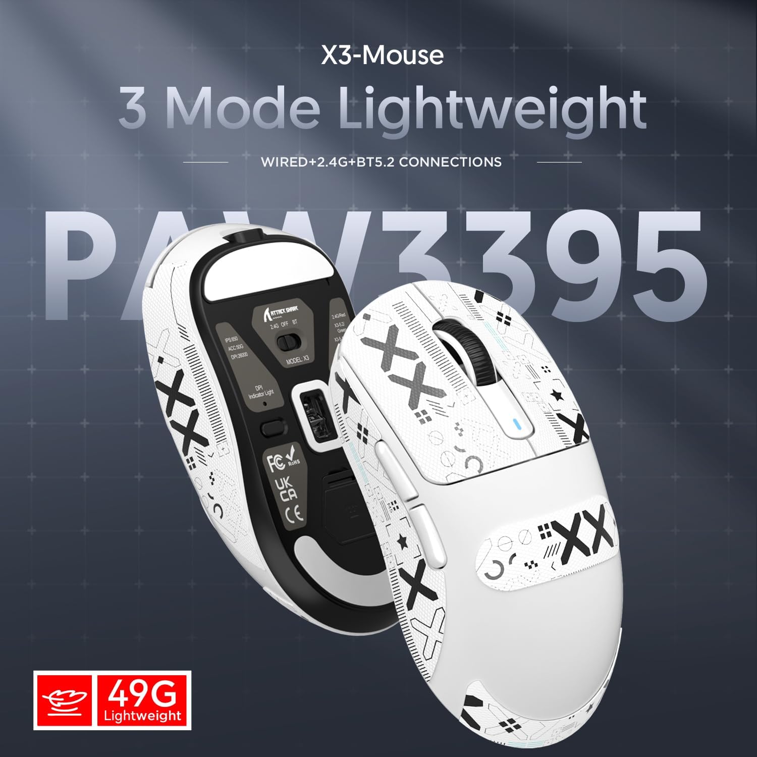 X3 Wireless Gaming Mouse in white featuring 49g weight and tri-mode connections.