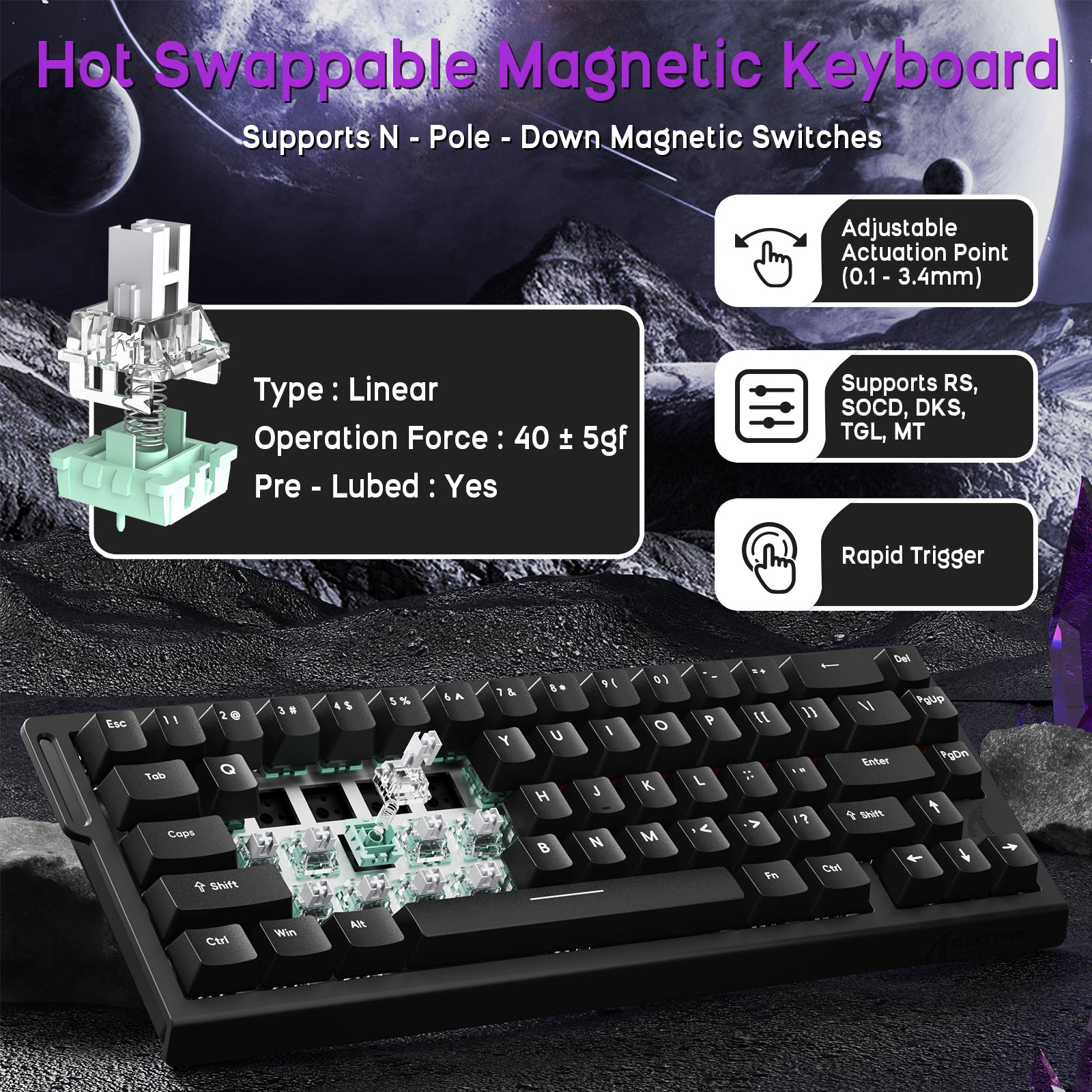 ATTACK SHARK X68HE Magnetic Keyboard with adjustable actuation and rapid trigger. Black 60% gaming keyboard.