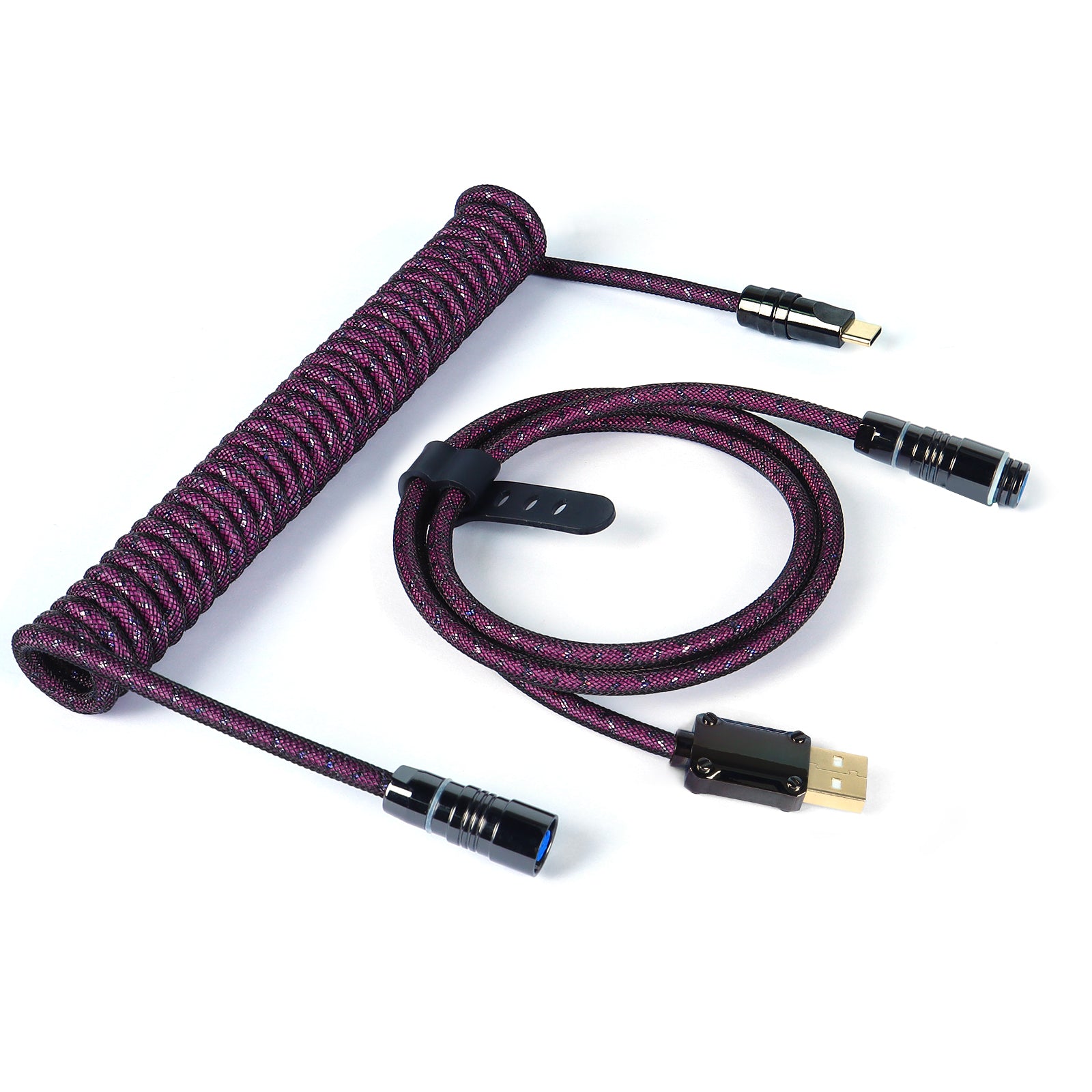 Black and purple coiled USB cable with braided design and detachable connectors.