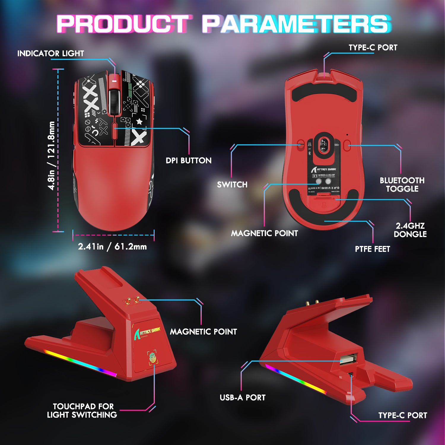 ATTACK SHARK X1 Tri-mode Gaming Mouse With Touchpad RGB Charging Dock PAW3395PRO Sensor
