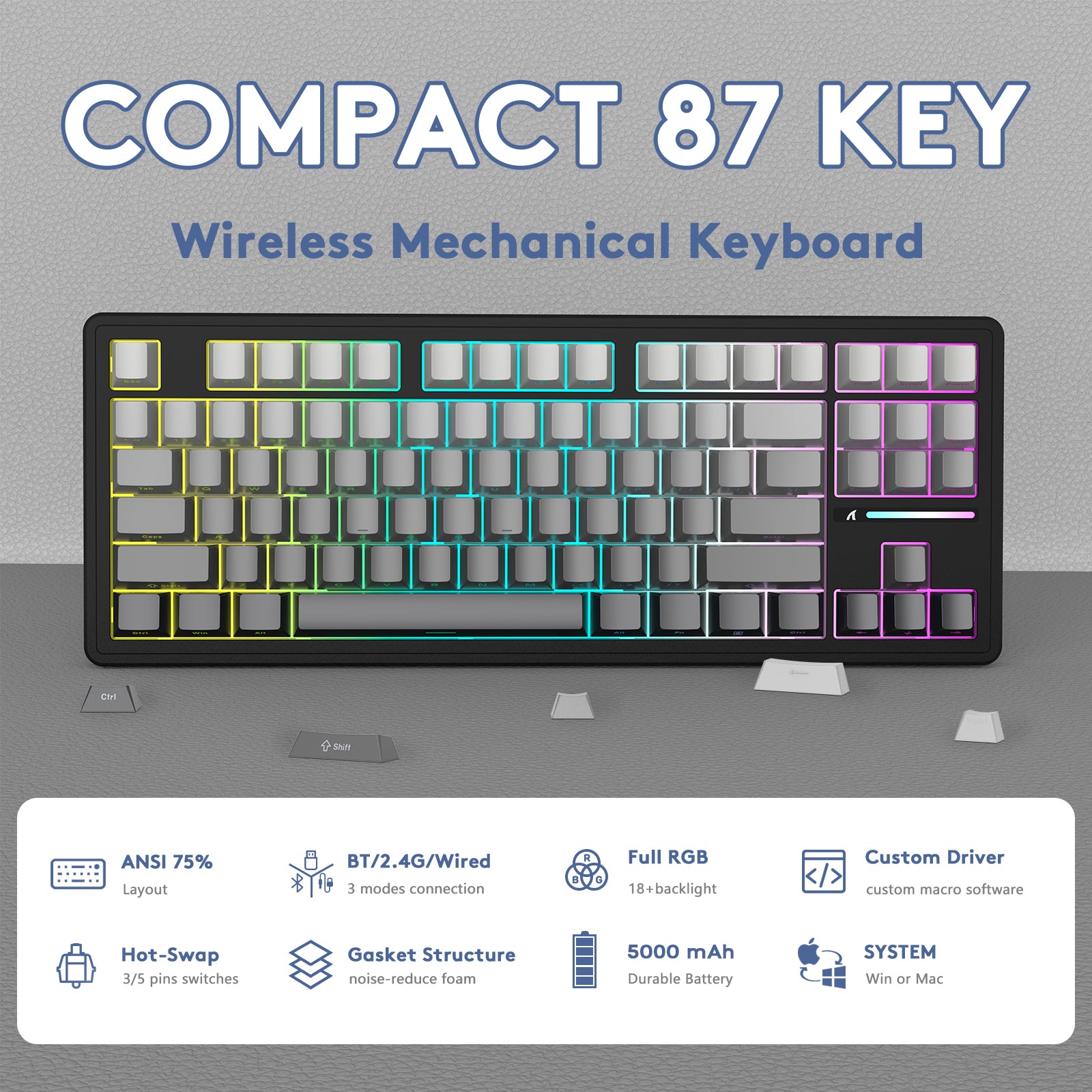 ATTACK SHARK M87PRO Wireless Mechanical Keyboard with Side Printed PBT Keycaps