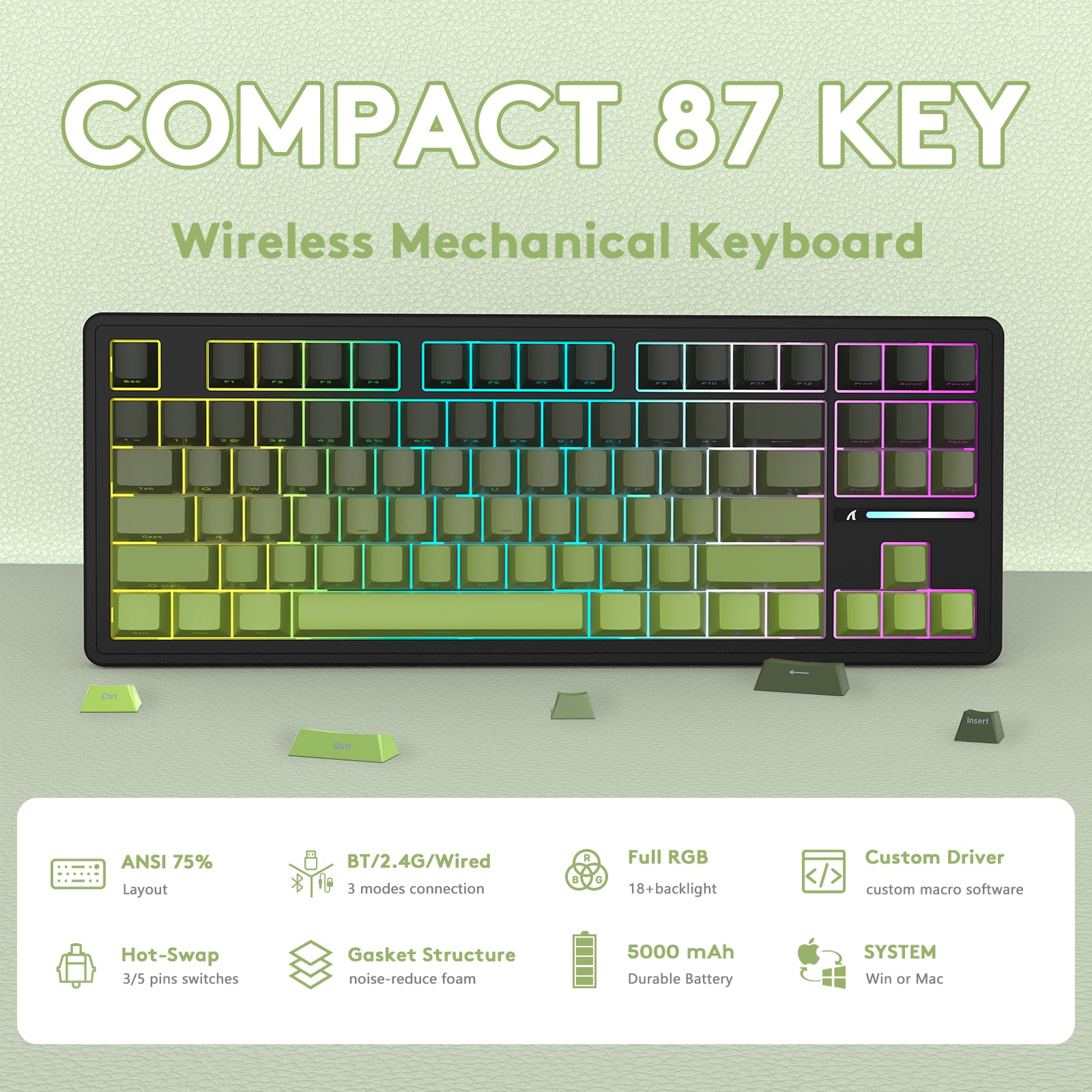 ATTACK SHARK M87PRO Wireless Mechanical Keyboard with Side Printed PBT Keycaps