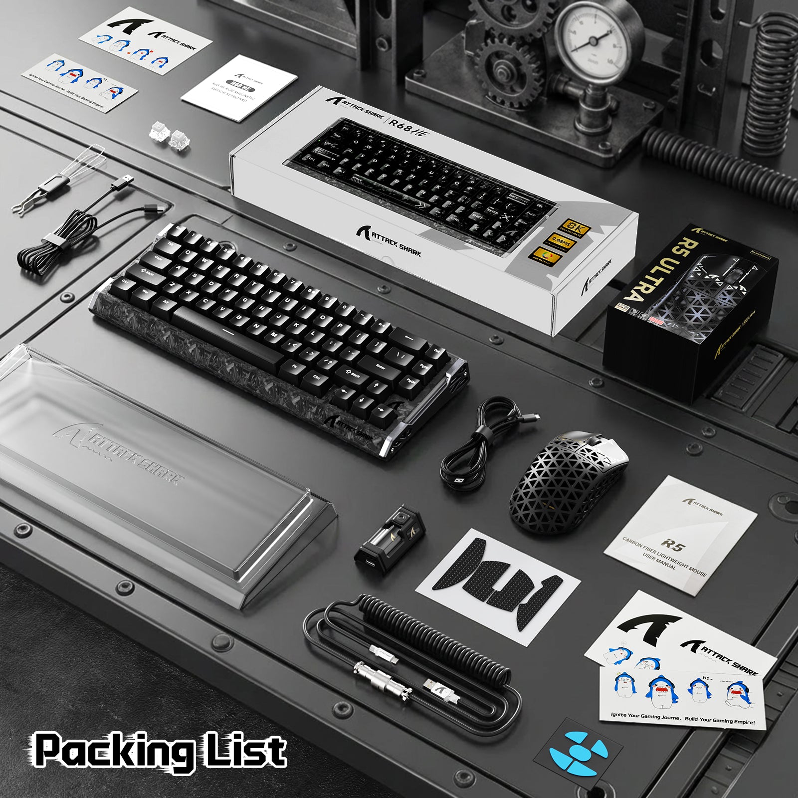 ATTACK SHARK R68 HE and R5 Ultra carbon fiber gaming bundle packing list with keyboard, mouse, cable and accessories