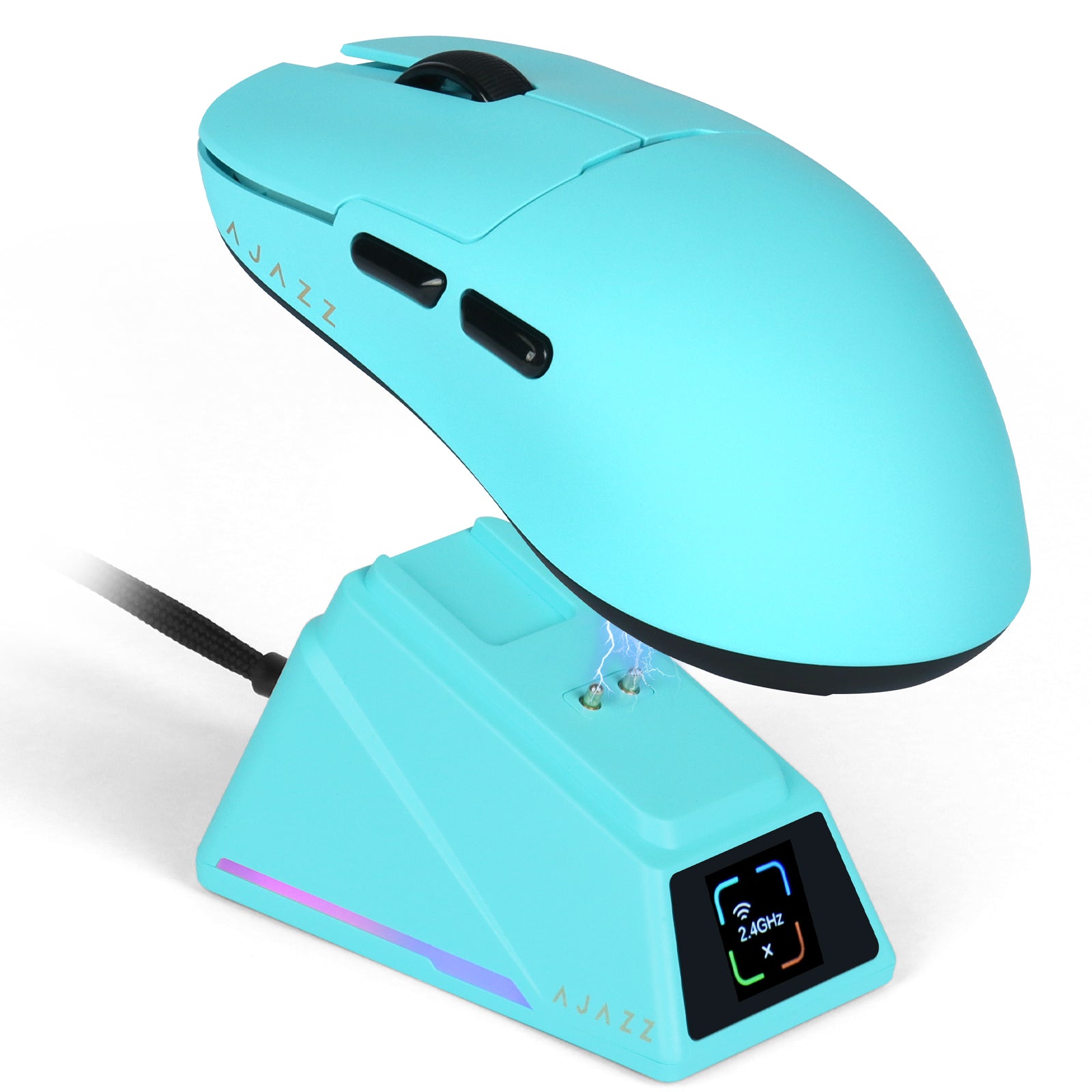 AJAZZ AJ159 APEX gaming mouse on 8K charging dock with color display