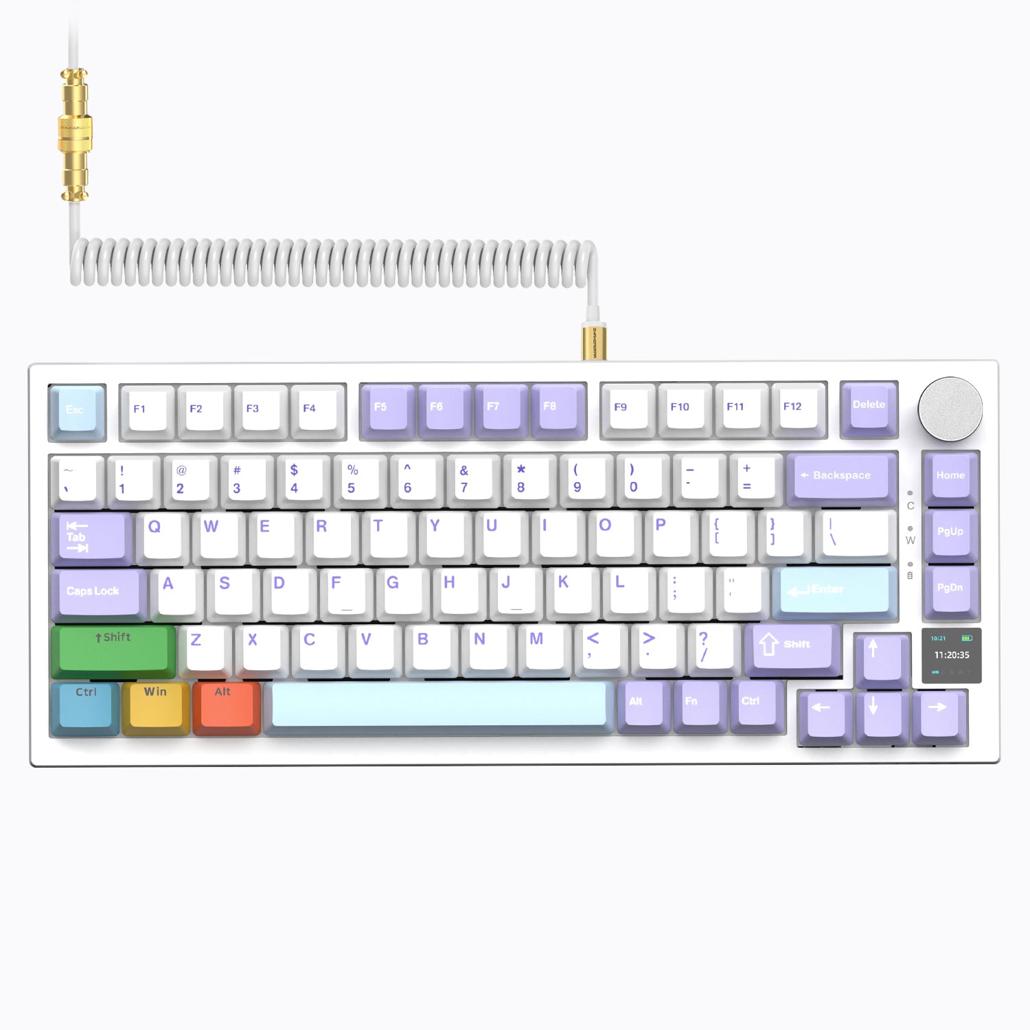 Attack Shark AK820 Pro mechanical keyboard in white and purple with coiled cable