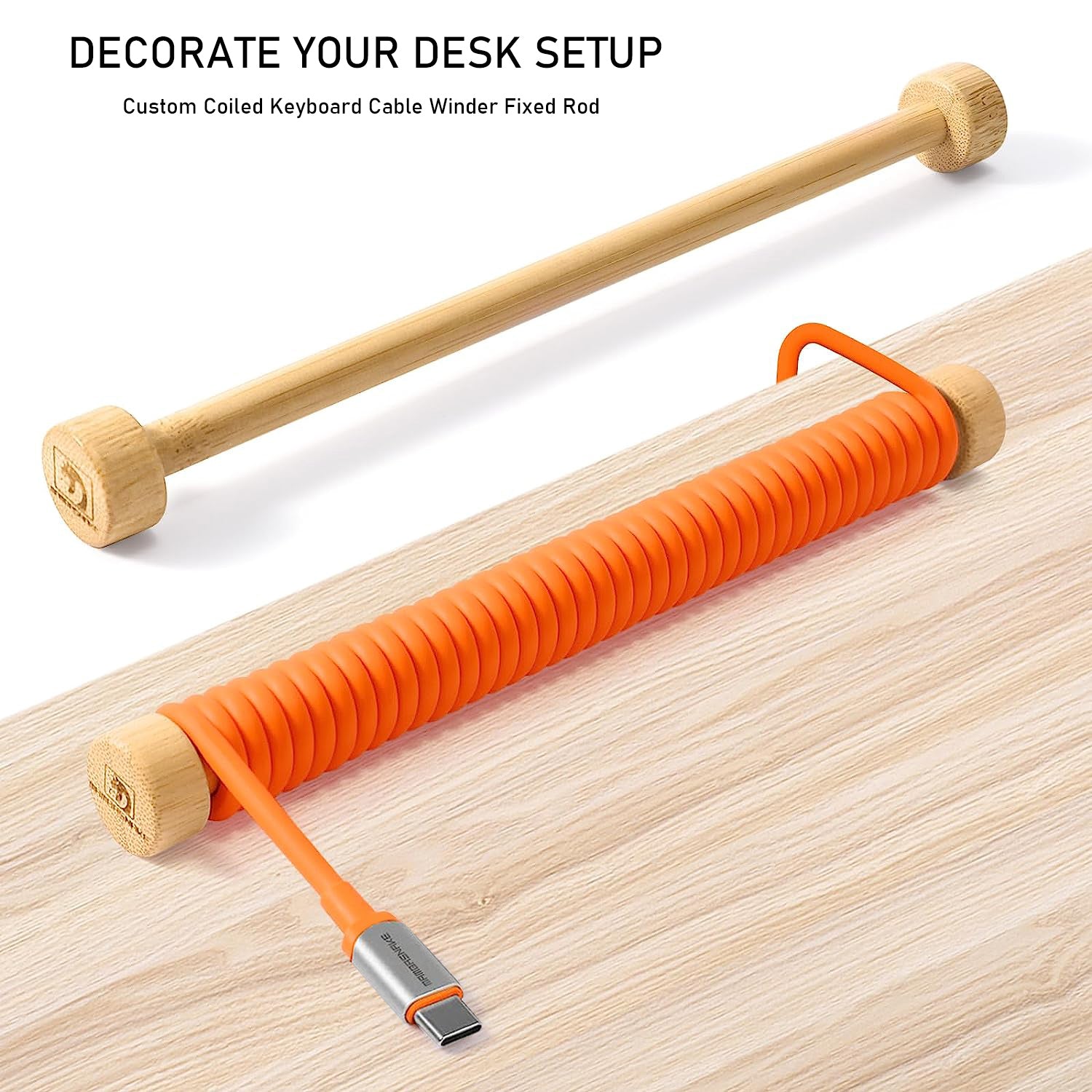 Custom bamboo cable winder with orange coiled design for desk organization.