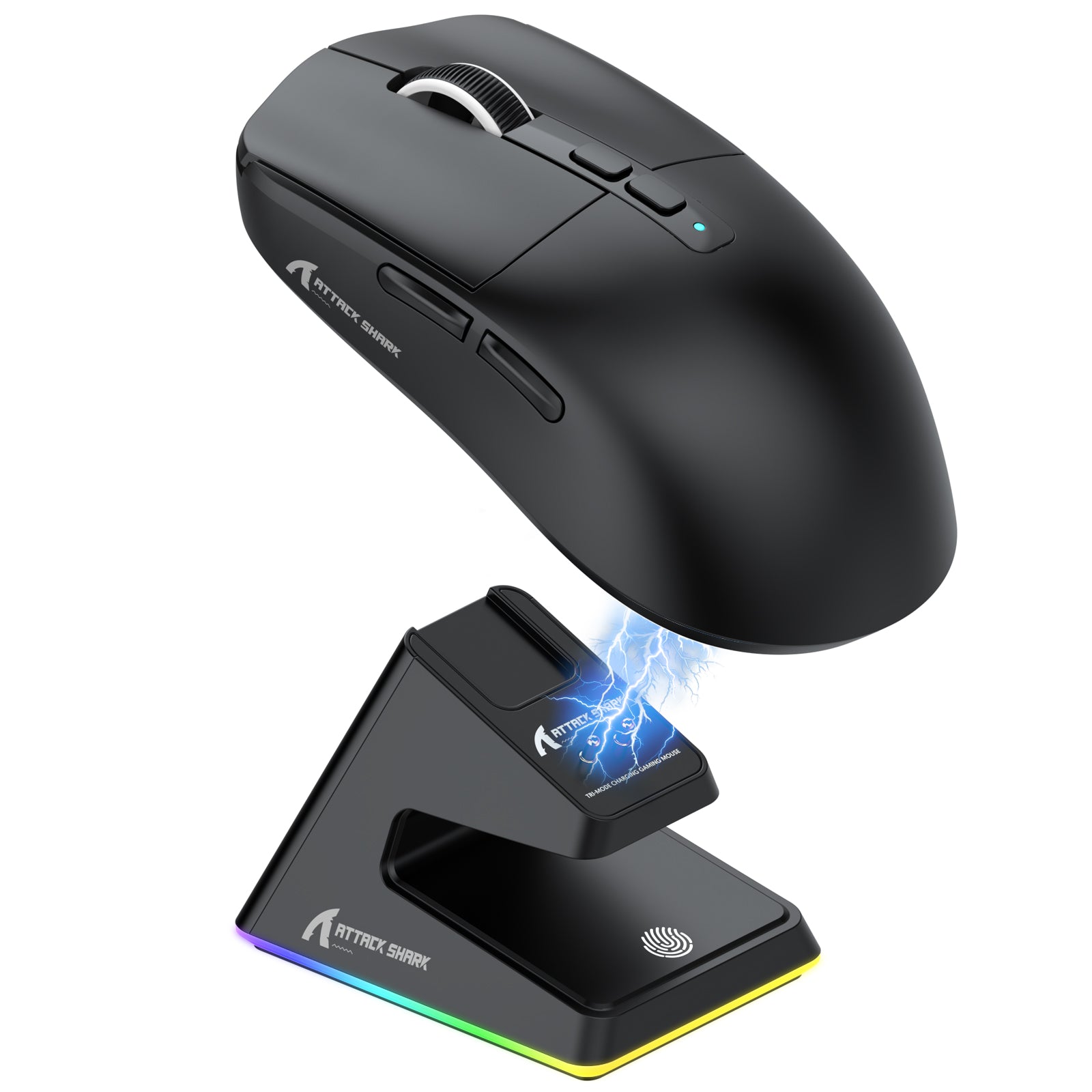 Attack Shark X6 black gaming mouse on charging dock with RGB lighting effects.